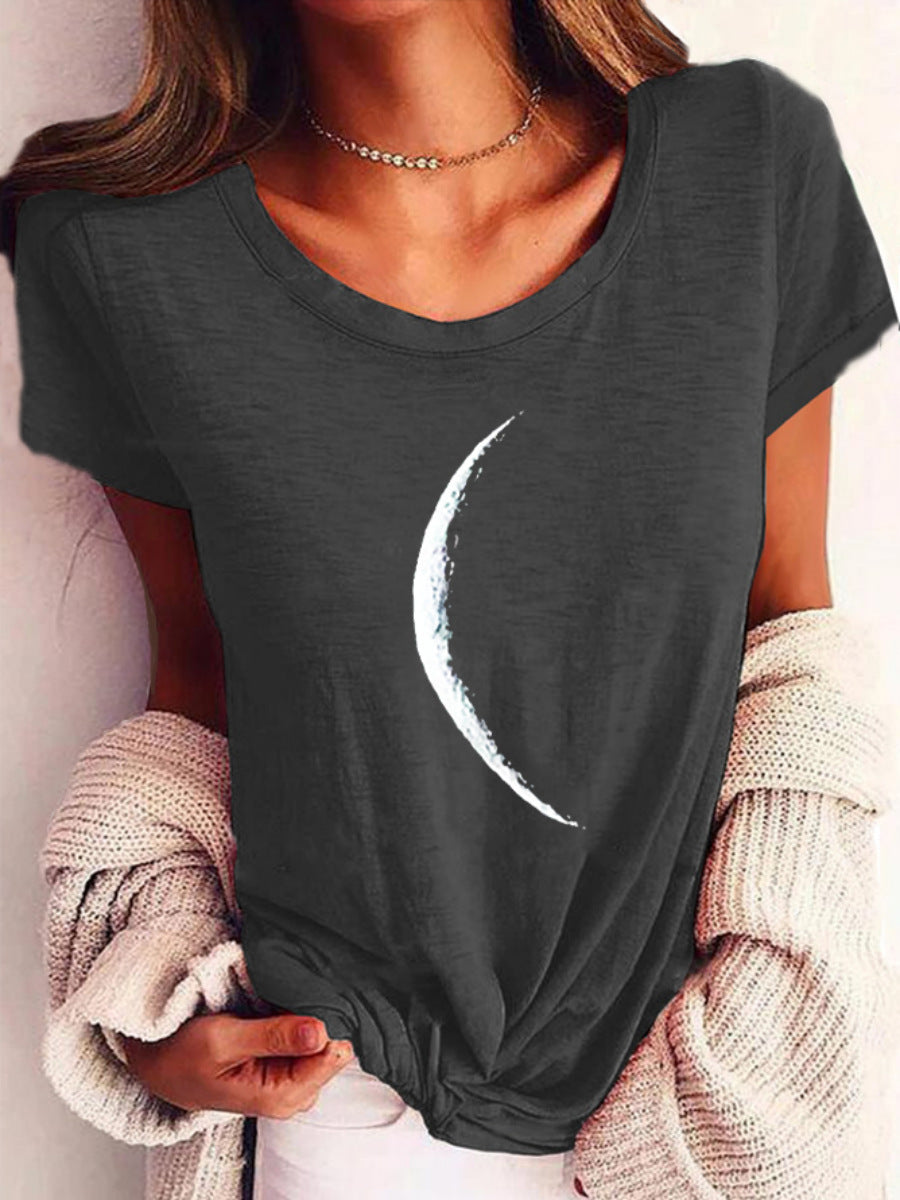 Wide Collar Printed T-Shirt – Casual Short Sleeve Top for Women
