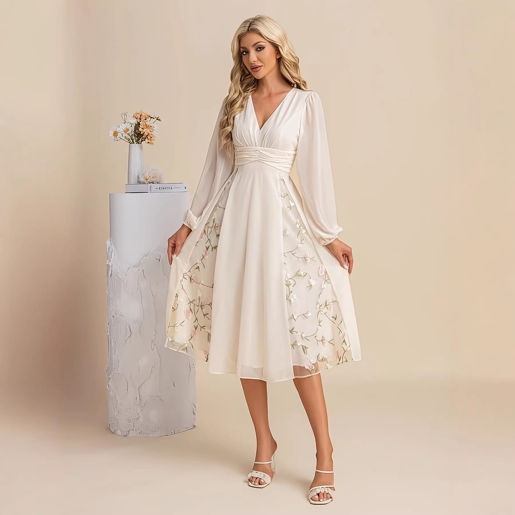 Floral Long Sleeve V-Neck Pleated Midi Dress – High Waist Flared Hem