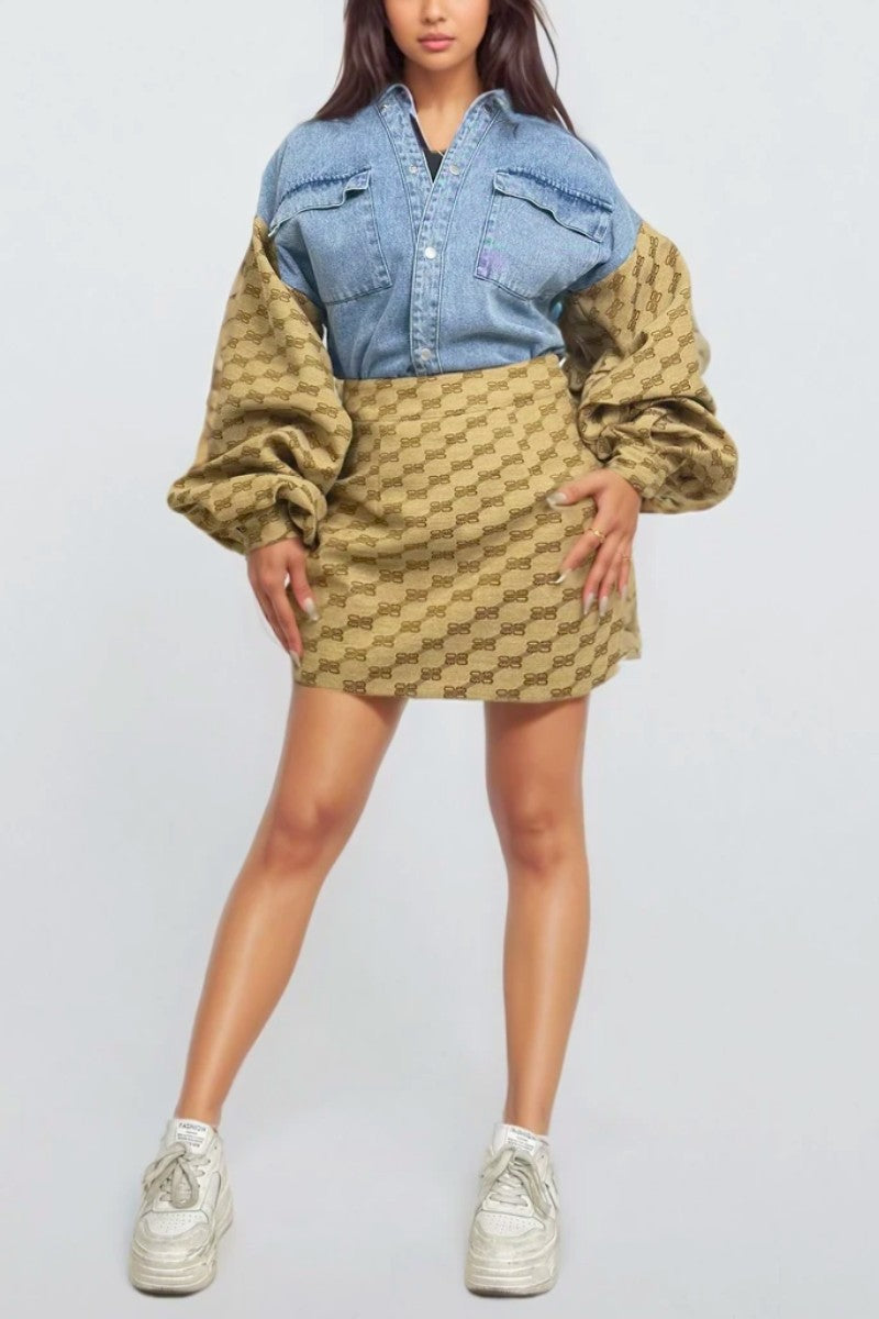 Denim & Monogram Puff Sleeve Two-Piece Set