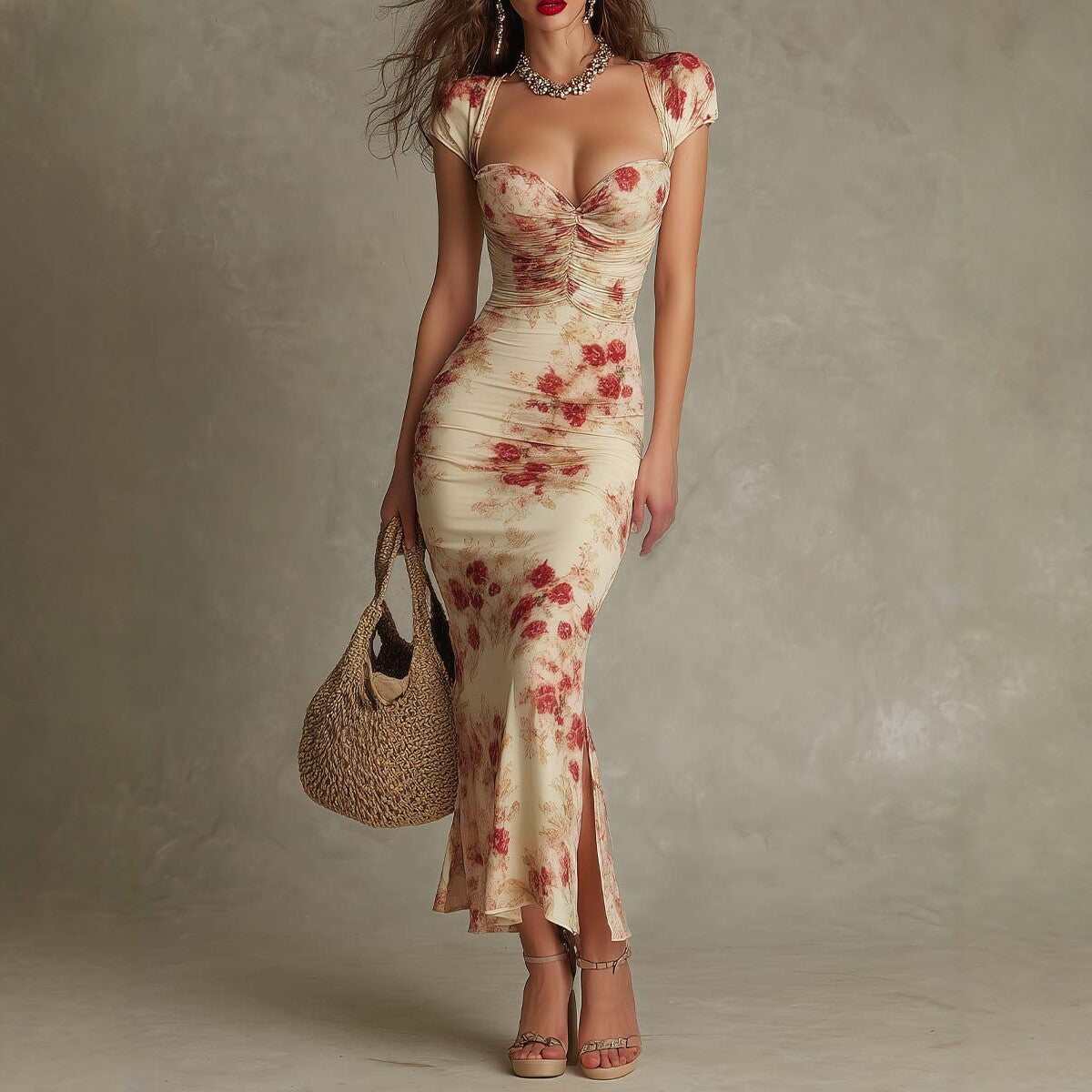 Women's Vintage Printed Sweetheart Neck Bodycon Midi Dress