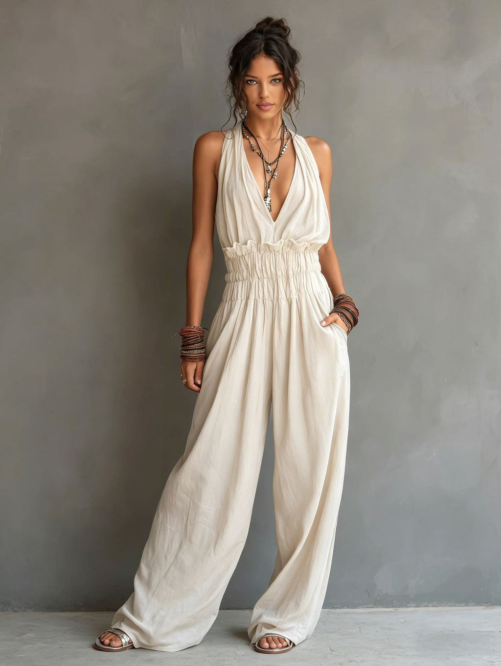 Women's V-Neck Halter Jumpsuit – Sleeveless Open Back Waist-Cinching