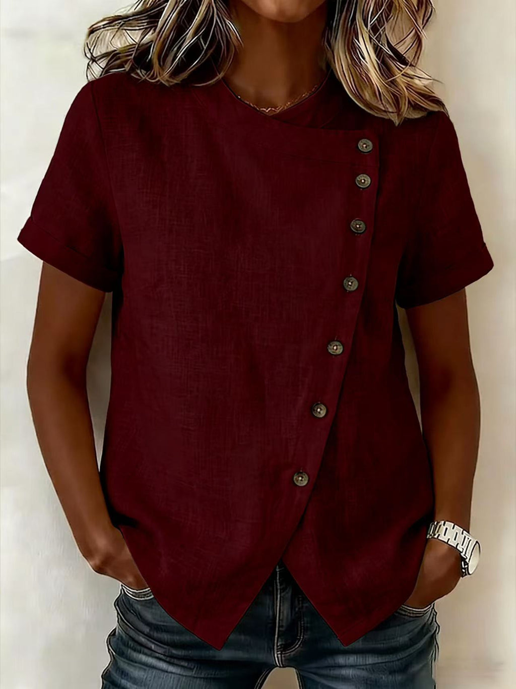 Women's Cross-Neckline Asymmetrical Hem Cotton Linen Top – Loose Fit