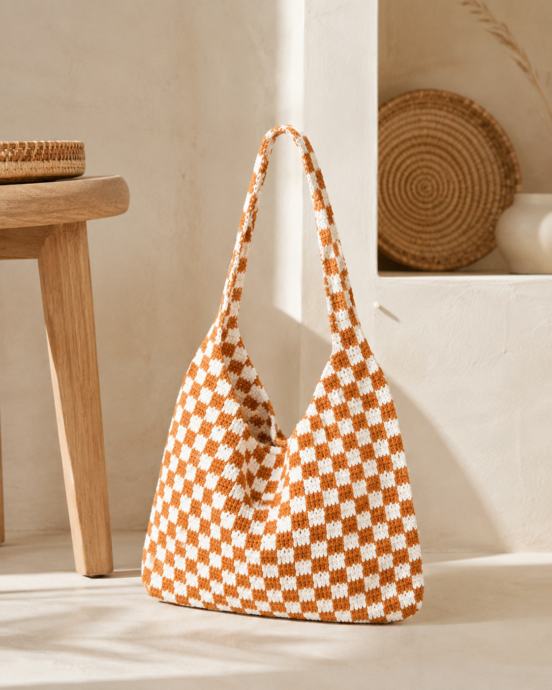 Checkered Crochet Shoulder Bag