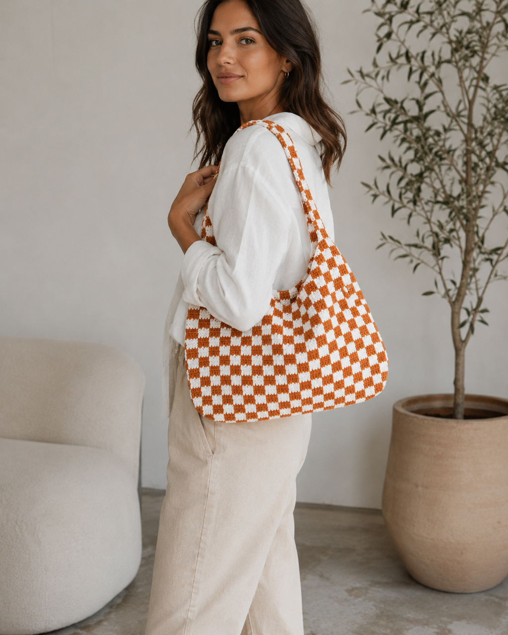 Checkered Crochet Shoulder Bag