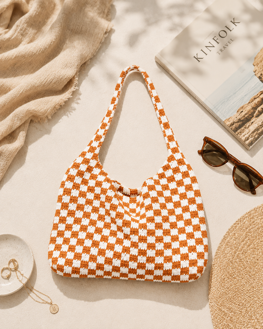 Checkered Crochet Shoulder Bag
