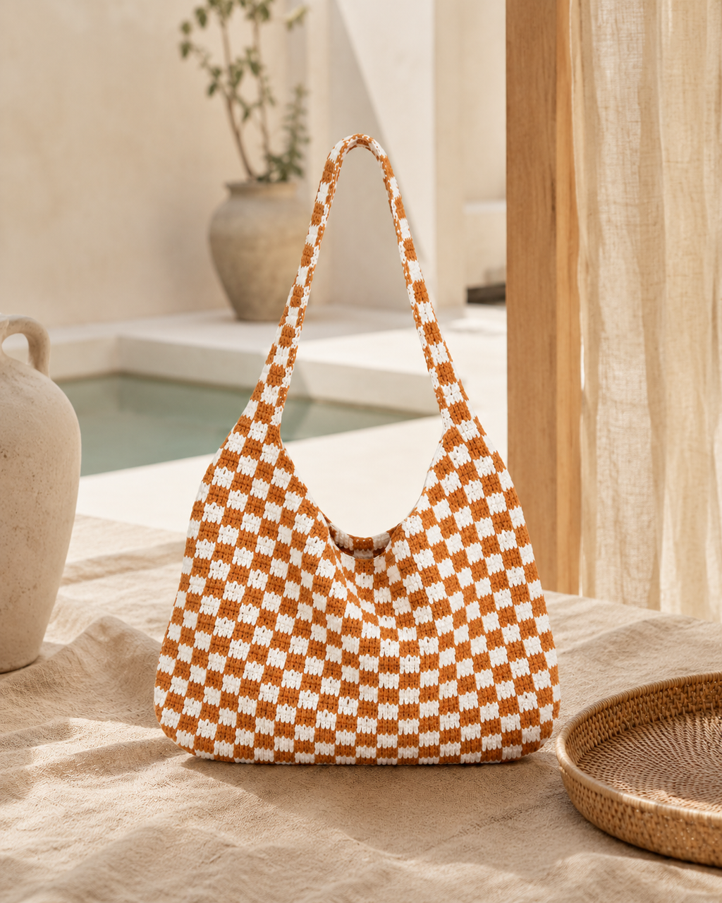 Checkered Crochet Shoulder Bag