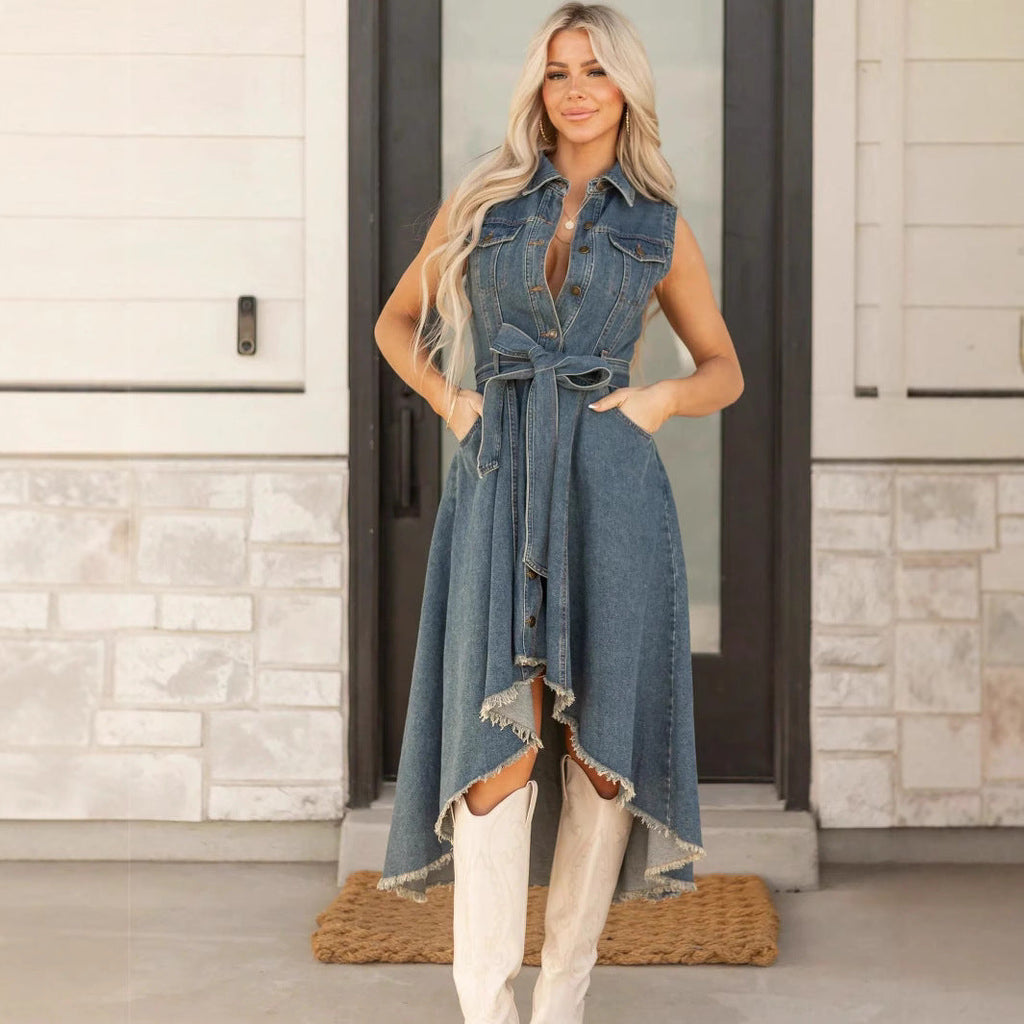 Women's Sleeveless Denim Midi Dress – Irregular Hem Button-Front