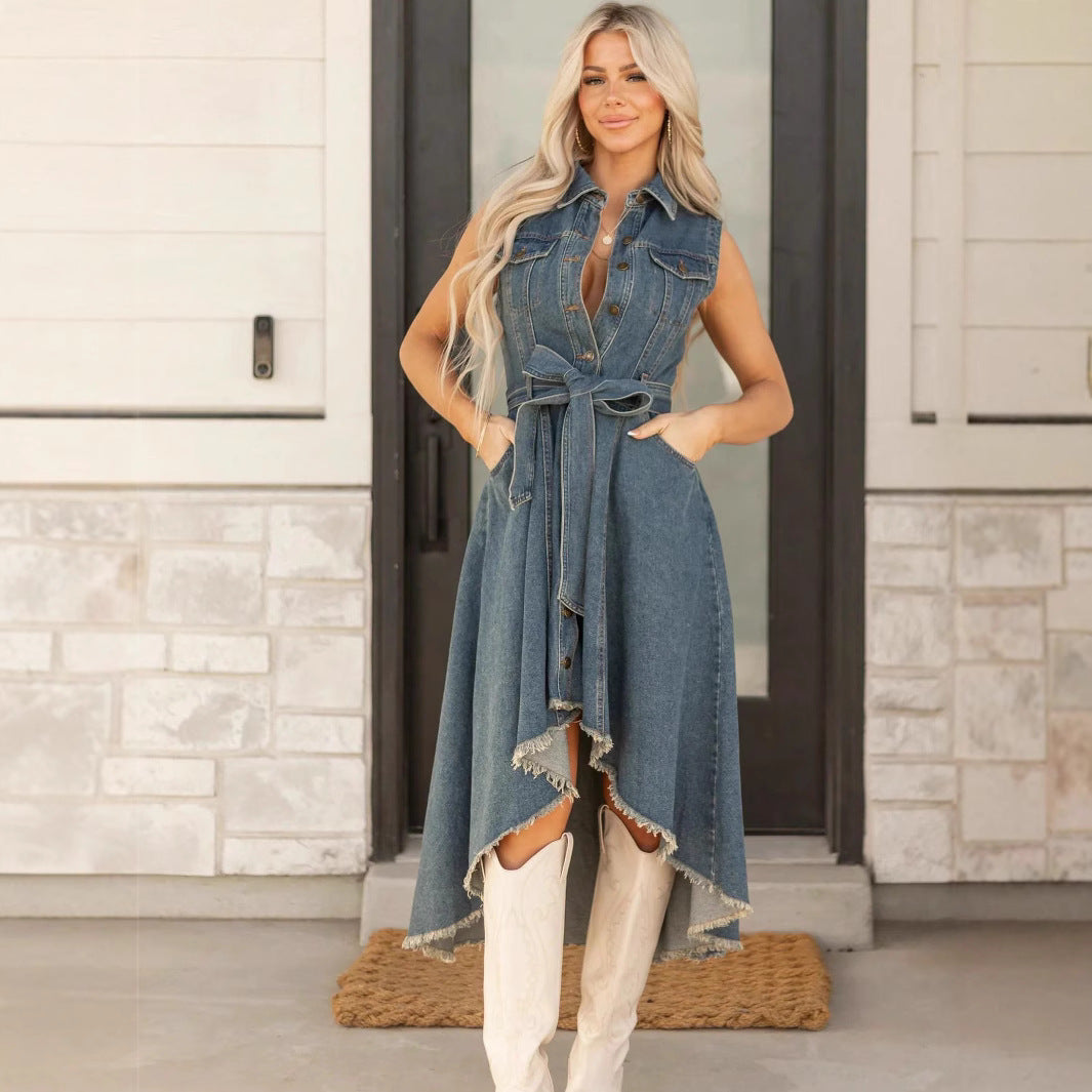 Women's Sleeveless Denim Midi Dress – Irregular Hem Button-Front