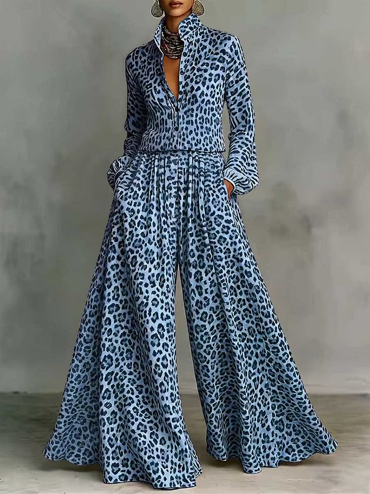 Leopard Print Wide-Leg Pants Set – Women’s Casual Two-Piece