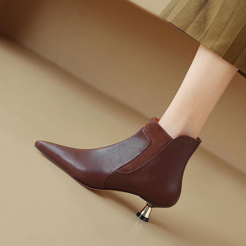 Women's Genuine Leather Kitten Heel Ankle Boots – Pointed Toe Side Zip