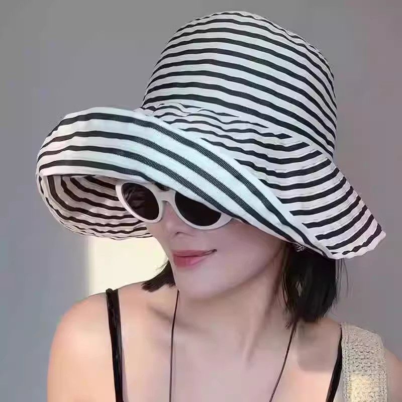 Women's Wide-Brim Striped Sun Hat – UV Protection & Adjustable Fit
