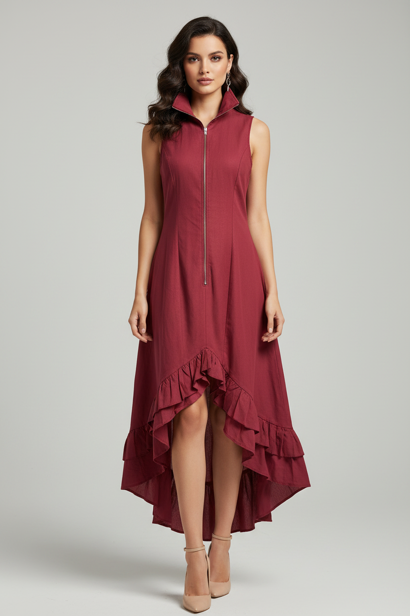 Lapel Collar Zip-Front Ruffle Hem Boho Dress