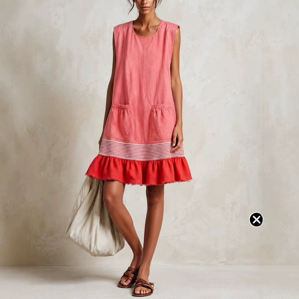 Women's Elegant Ruffle Neck Three-Quarter Sleeve Midi Dress – Vacation Style