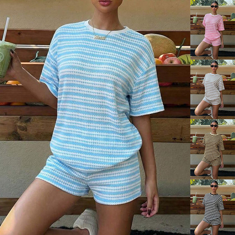Women's Crew-Neck Spliced Short-Sleeve T-Shirt & Shorts Set