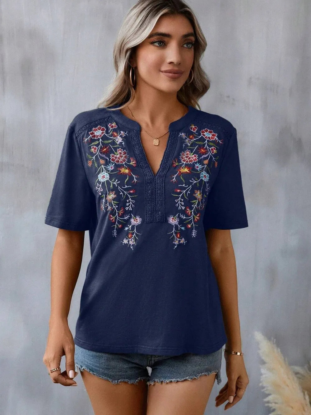 Women's Floral Embroidered Notched V-Neck T-Shirt – Short Sleeve Boho Lace Trim Top