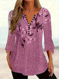 Women’s Printed Spike Button Three-Quarter Sleeve Casual Top