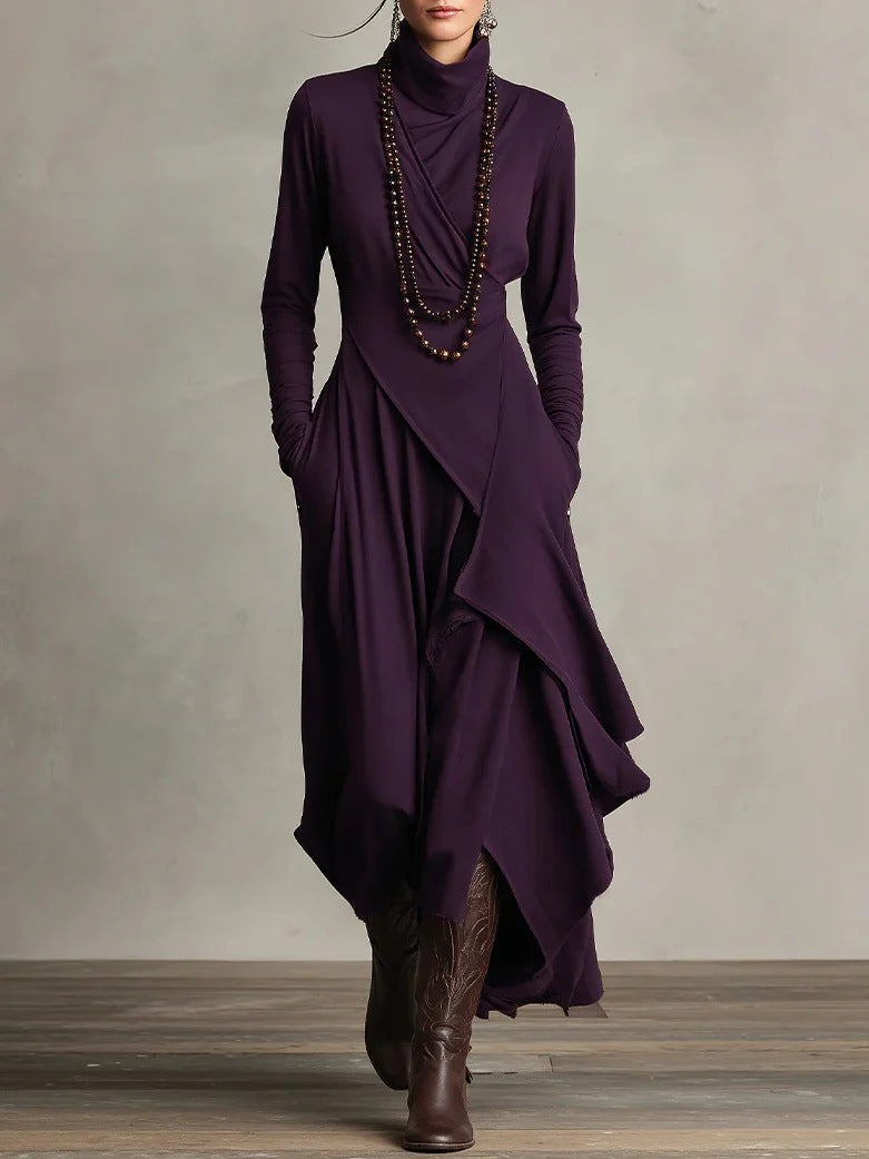 Women's Cross-Wrap High-Neck Long-Sleeve Maxi Dress