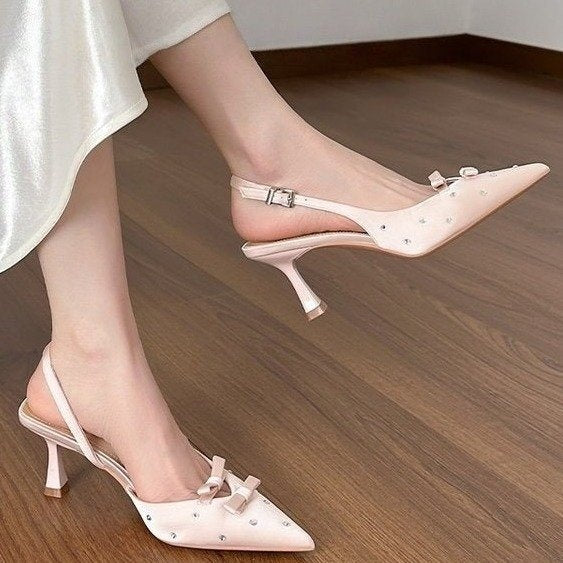 Women's Closed Toe Slingback Stiletto Heels – Bowknot & Rhinestone Sandals