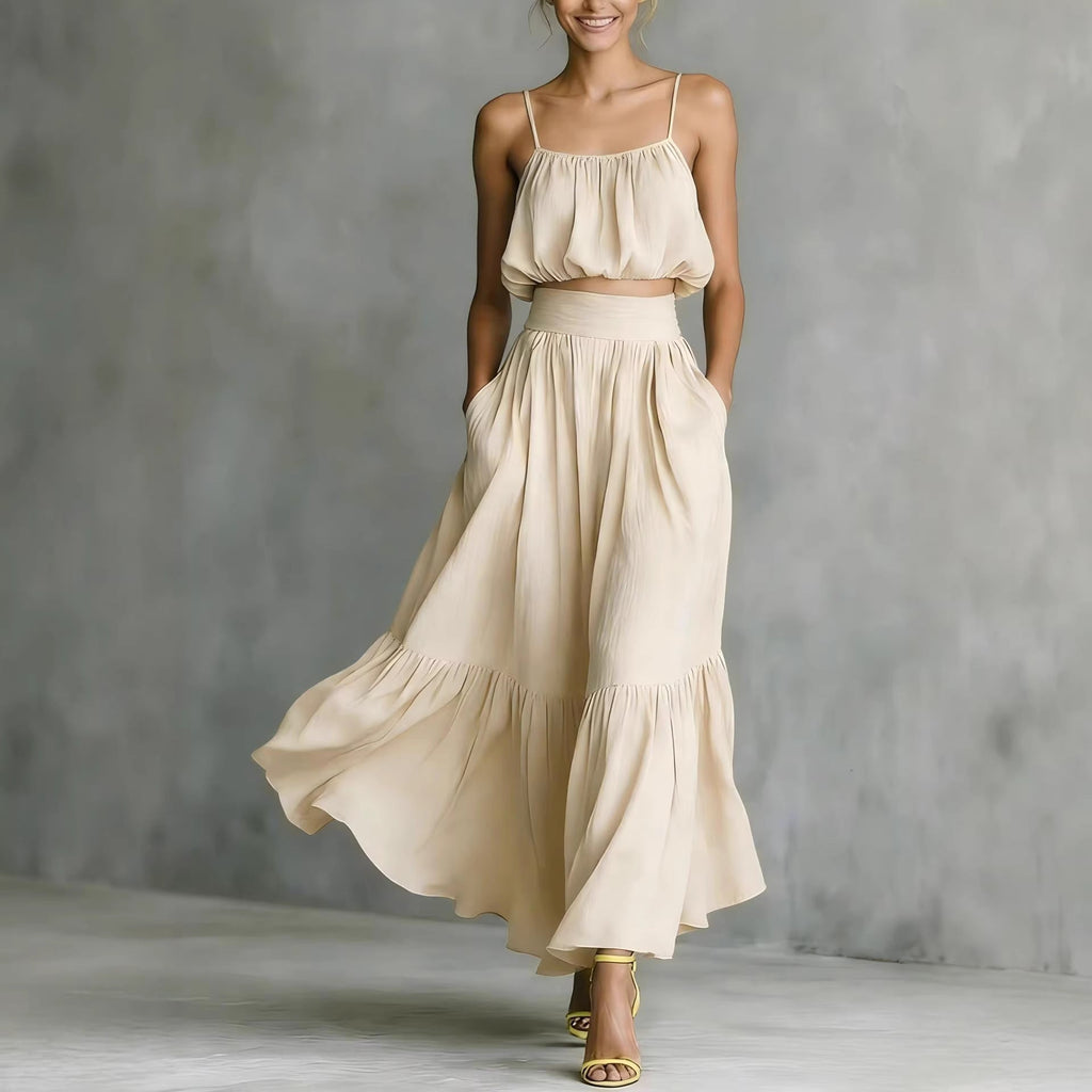 Women’s Two-Piece Flared Skirt Set – High-Waist Elegant Outfit