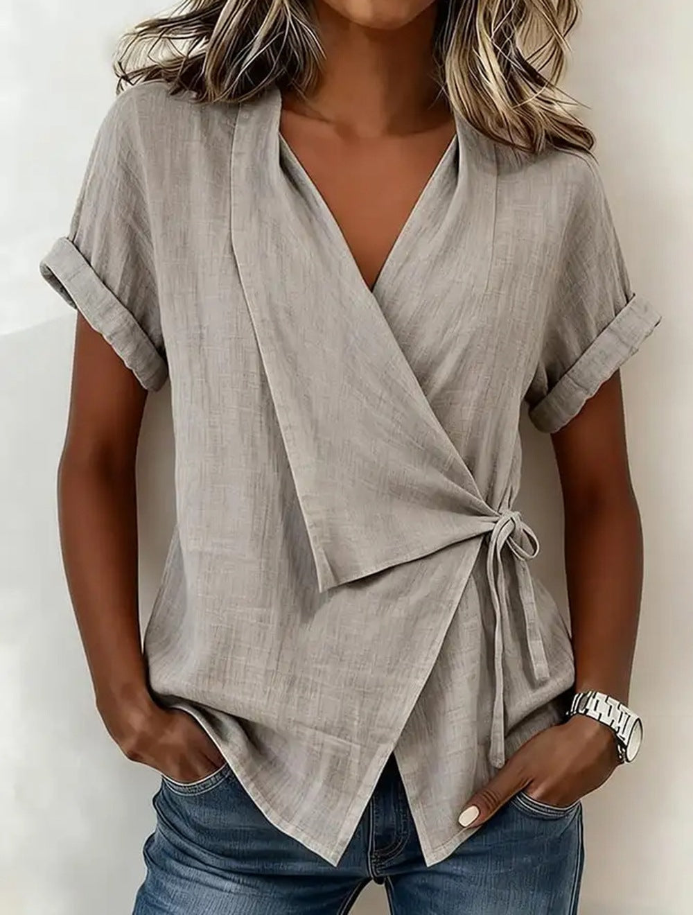 Women's Casual Lapel Collar Lace-Up Short-Sleeve Linen Top
