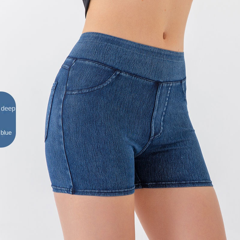 Denim-Look High-Waist Hip-Lifting Yoga Shorts – Slimming Tummy Control Fitness Shorts