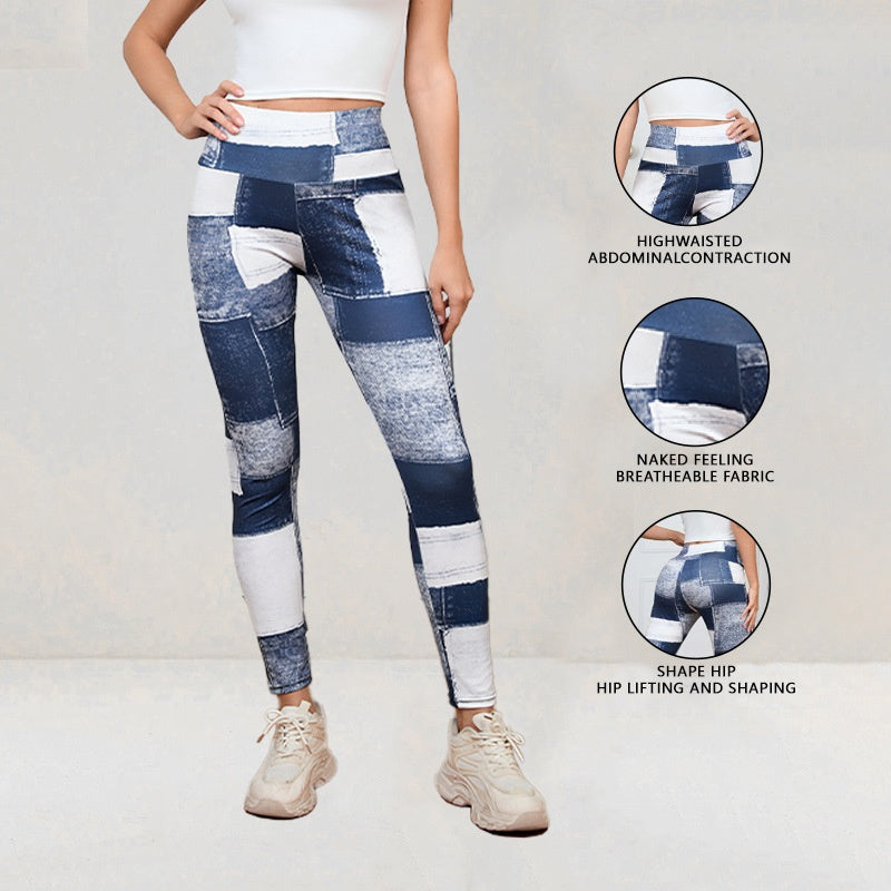 Plaid Peach Print High-Waist Tummy Control Yoga Pants – Slim Fit Fitness Leggings