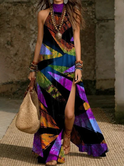Women's Printed Halterneck Split Maxi Dress – Loose Fit Sleeveless