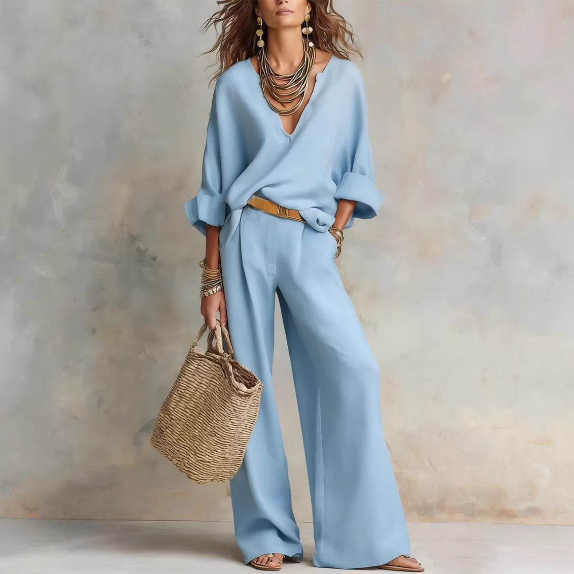 Women's Casual Linen Vacation Set – Three-Quarter Sleeve Top & Full-Length Pants