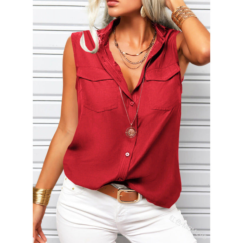 Women's Lapel Collar Sleeveless Top – Loose Fit, Pockets, Solid Color