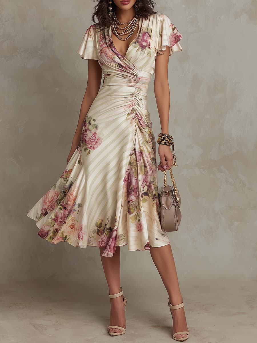 Ruffled Hem Maxi Dress – V-Neck Satin A-Line Color Block Dress