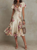 Ruffled Hem Maxi Dress – V-Neck Satin A-Line Color Block Dress