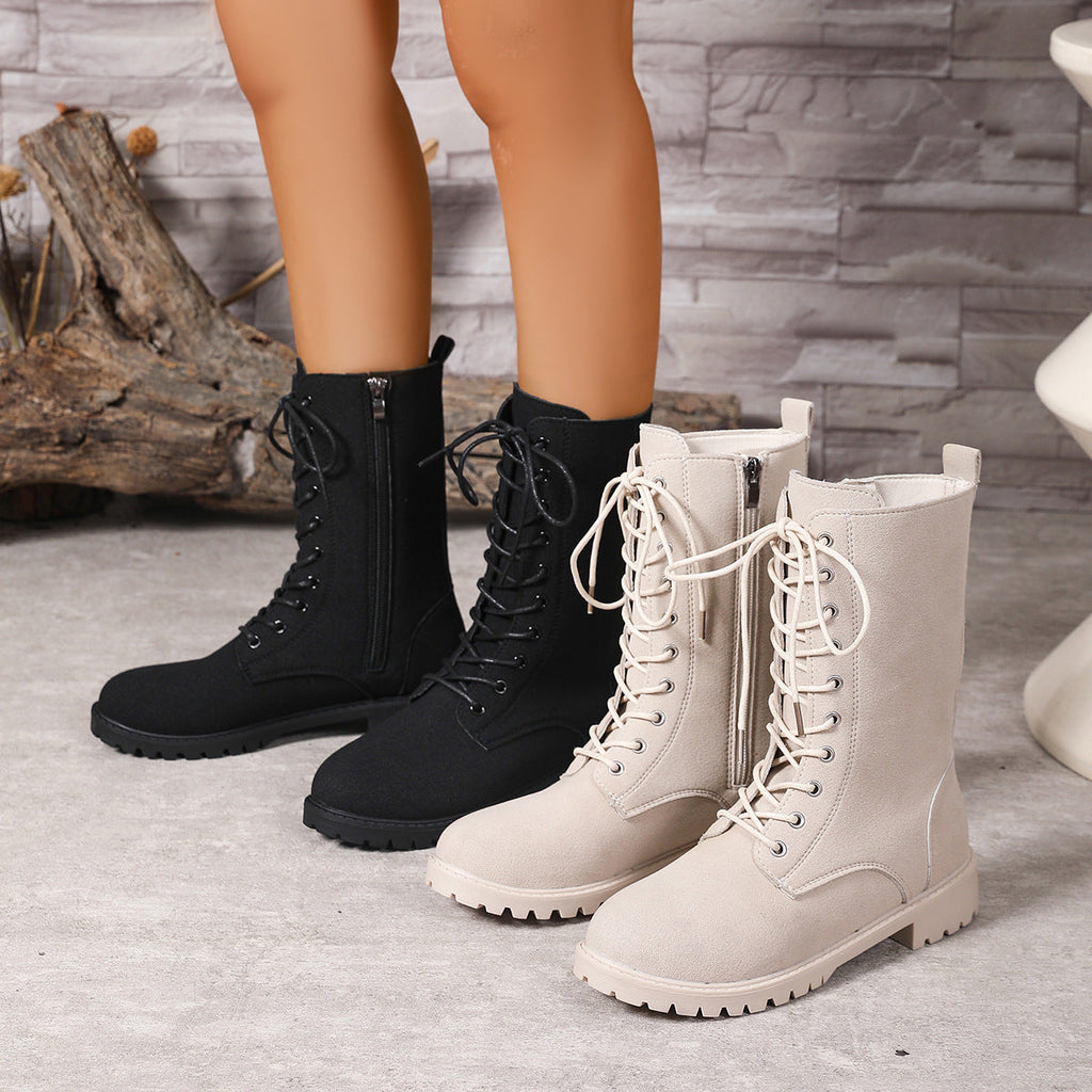 Women's Lace-Up Mid-Calf Combat Boots – Square Block Heel Lug Sole