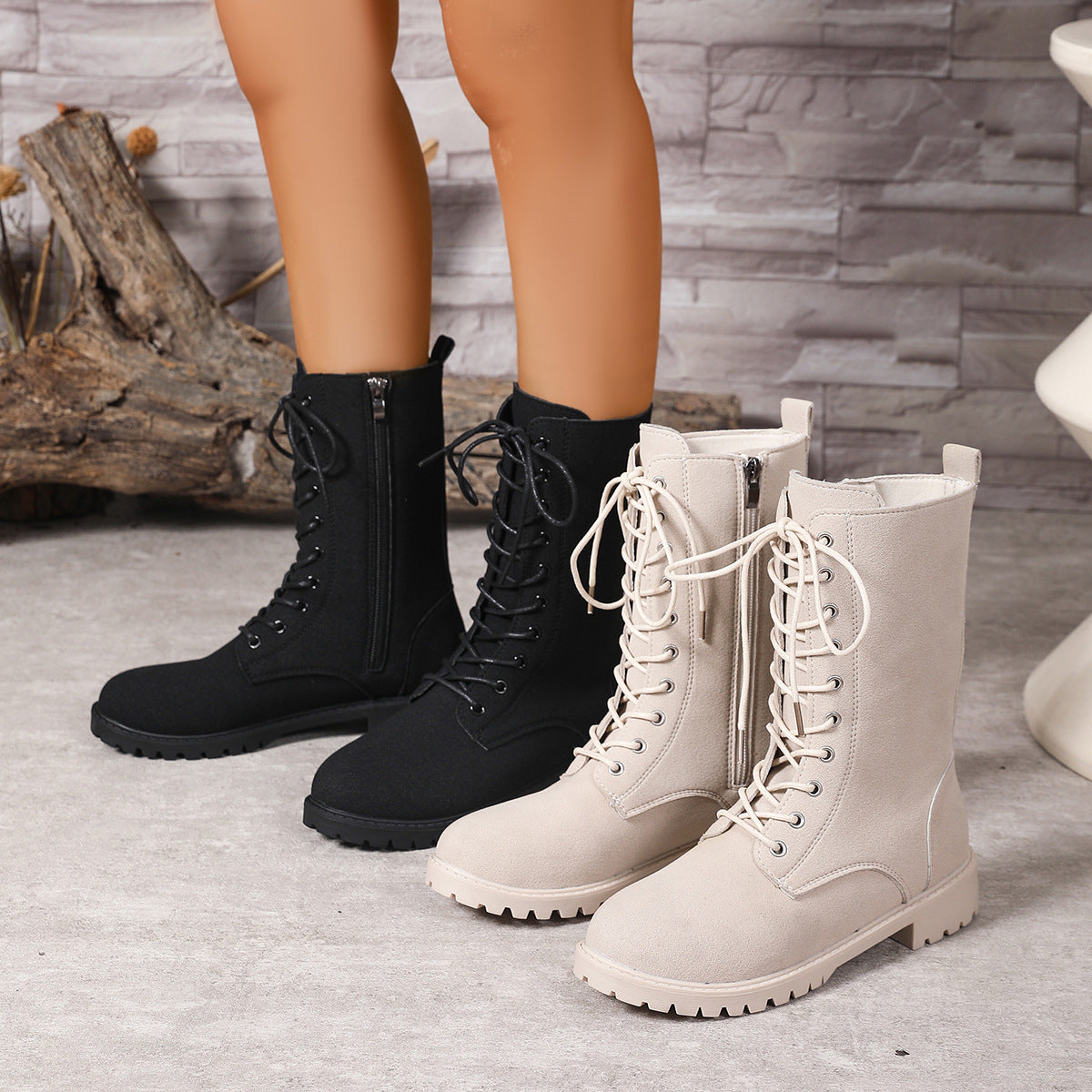Women's Lace-Up Mid-Calf Combat Boots – Square Block Heel Lug Sole