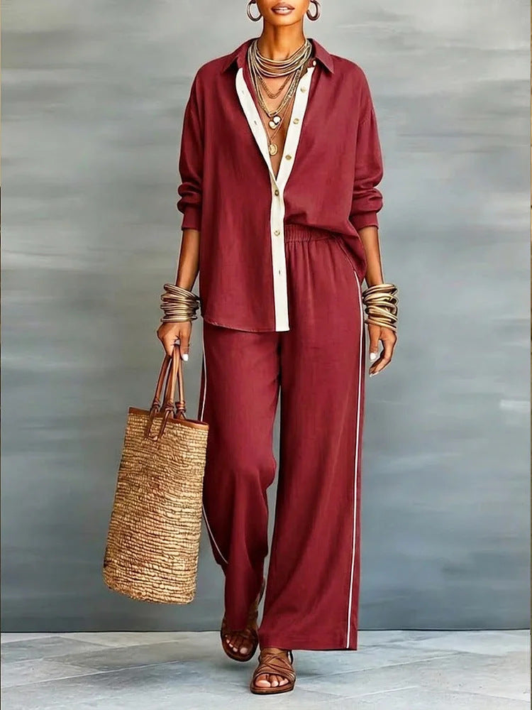 Contrast-Color Long-Sleeve Shirt & Pants Set – Two-Piece