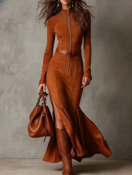 Women's Suede Velvet Zip-Front Fishtail Maxi Dress – Long Sleeve High Waist Mermaid Hem