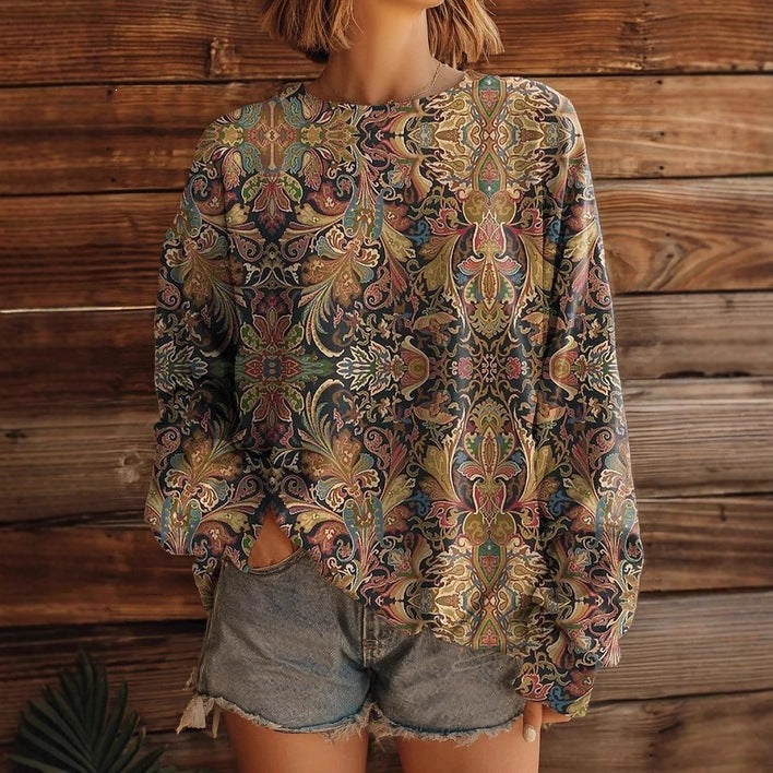 Women’s Printed Crew-Neck Sweatshirt – Long Sleeve Casual Top
