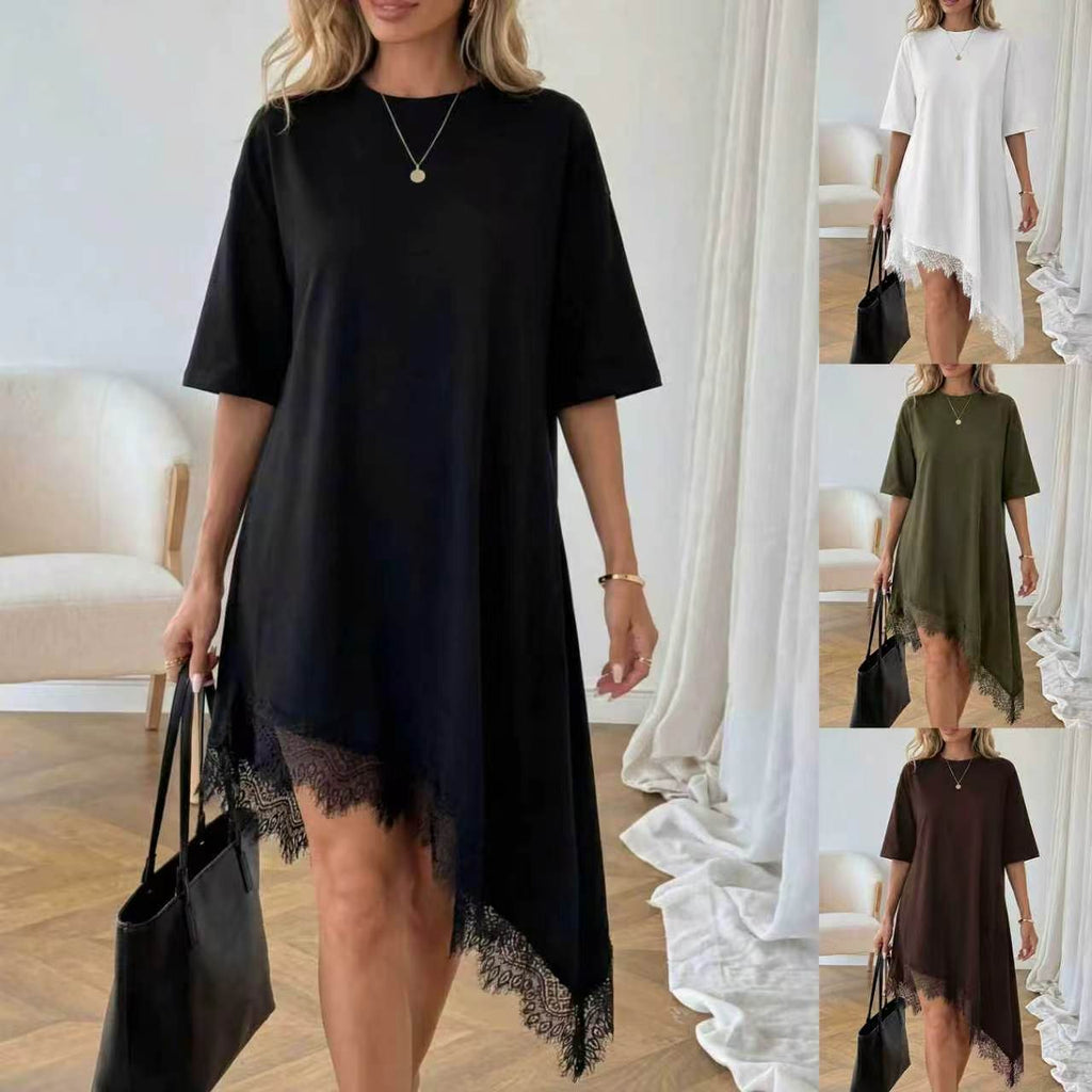 Women's Lace Trim Asymmetric Three-Quarter Sleeve Dress