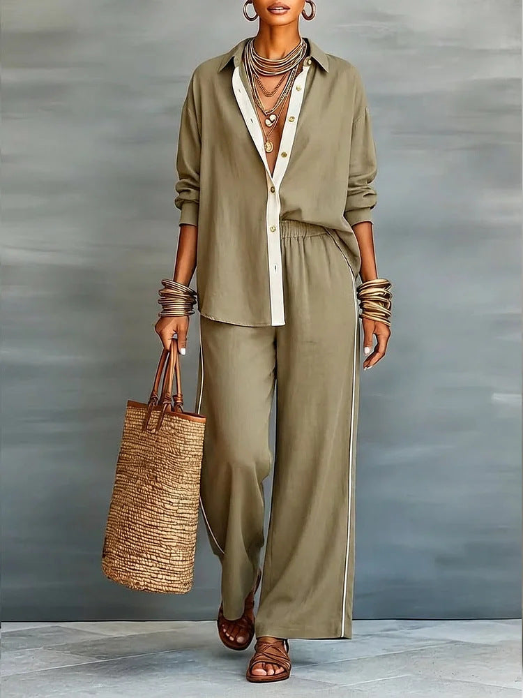 Contrast-Color Long-Sleeve Shirt & Pants Set – Two-Piece