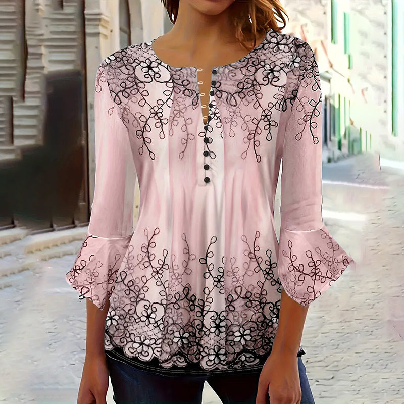 Women’s V-Neck 3/4 Sleeve Button-Front Tunic Blouse
