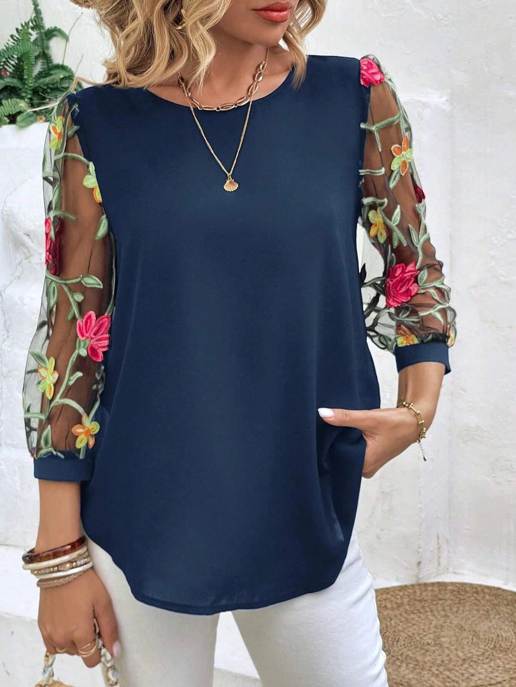 Women's Mesh Patchwork Three-Quarter Sleeve Top – Casual Chic