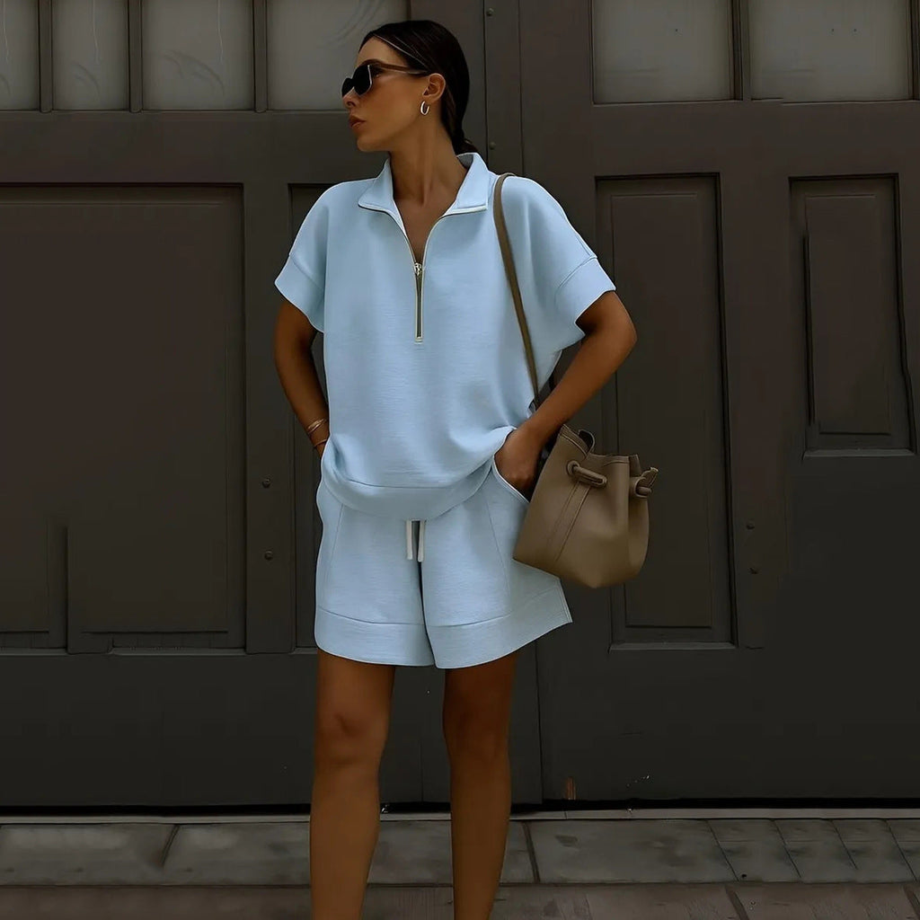 Women's Solid Color Sweatshirt Set – Casual 2-Piece Short Top & Pants