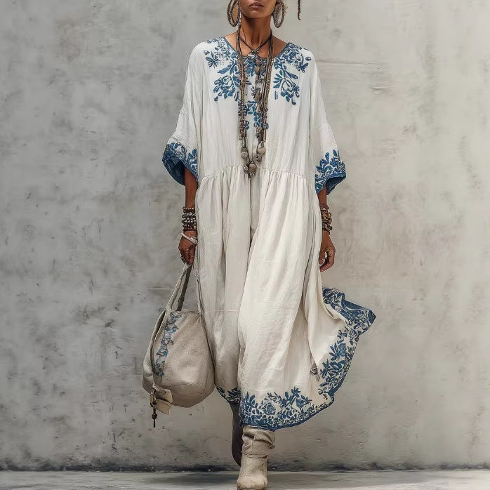 Women's Printed Batwing Sleeve Midi Dress – Loose Fit Linen Blend