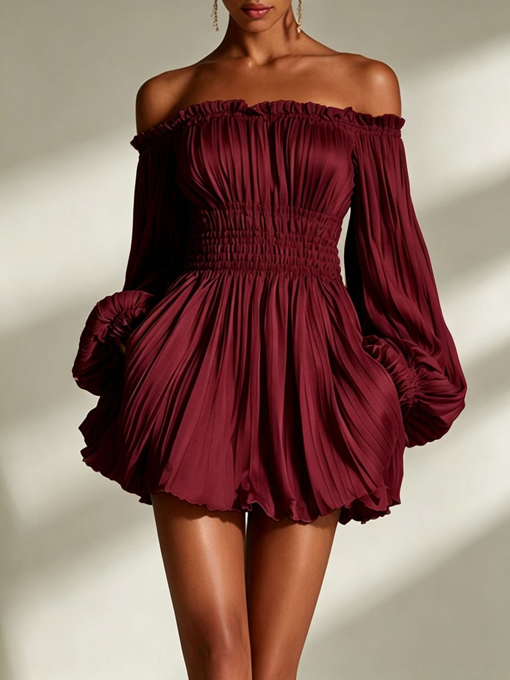 Women's Off-Shoulder Pleated Mini Dress – Smocked Waist & Puff Sleeves