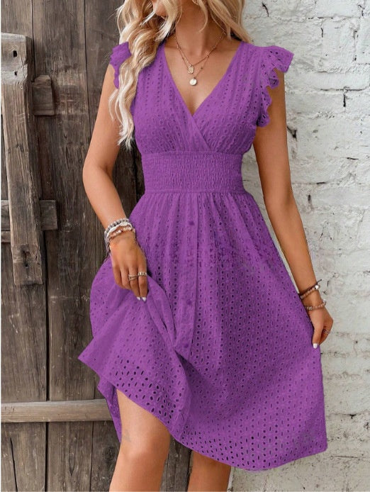Waisted V-Neck Lace Midi Dress