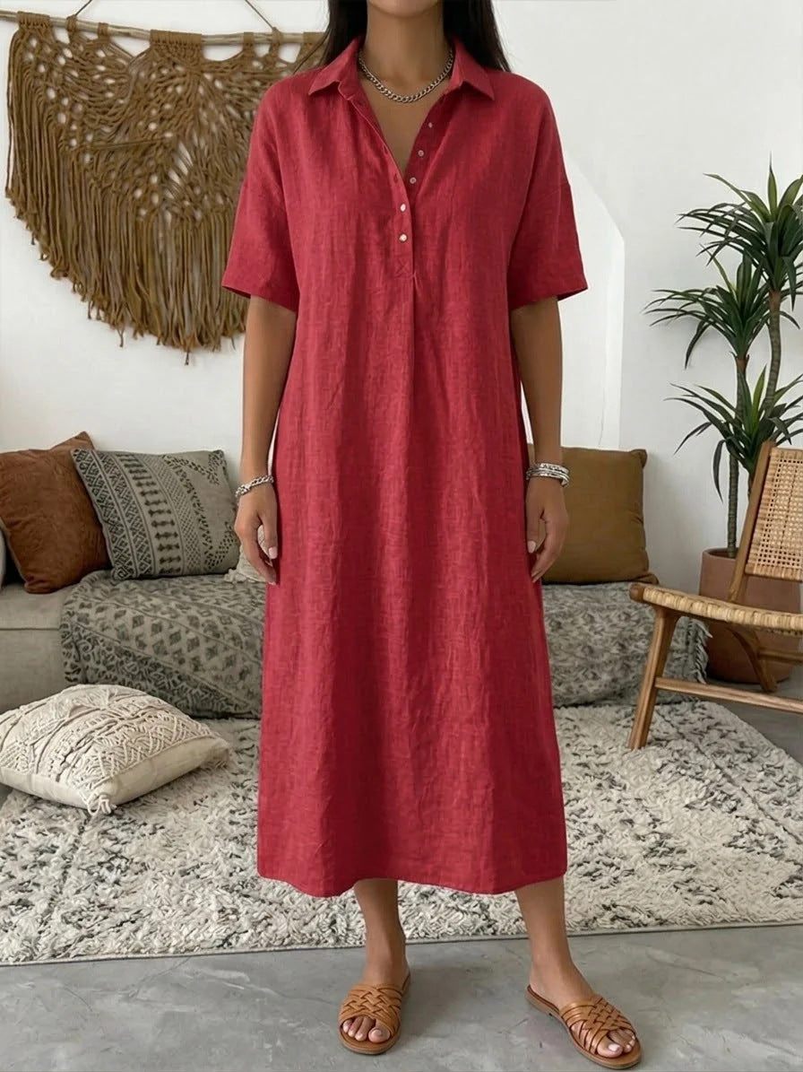 Women's Linen Blend Short Sleeve Polo Neck Maxi Dress