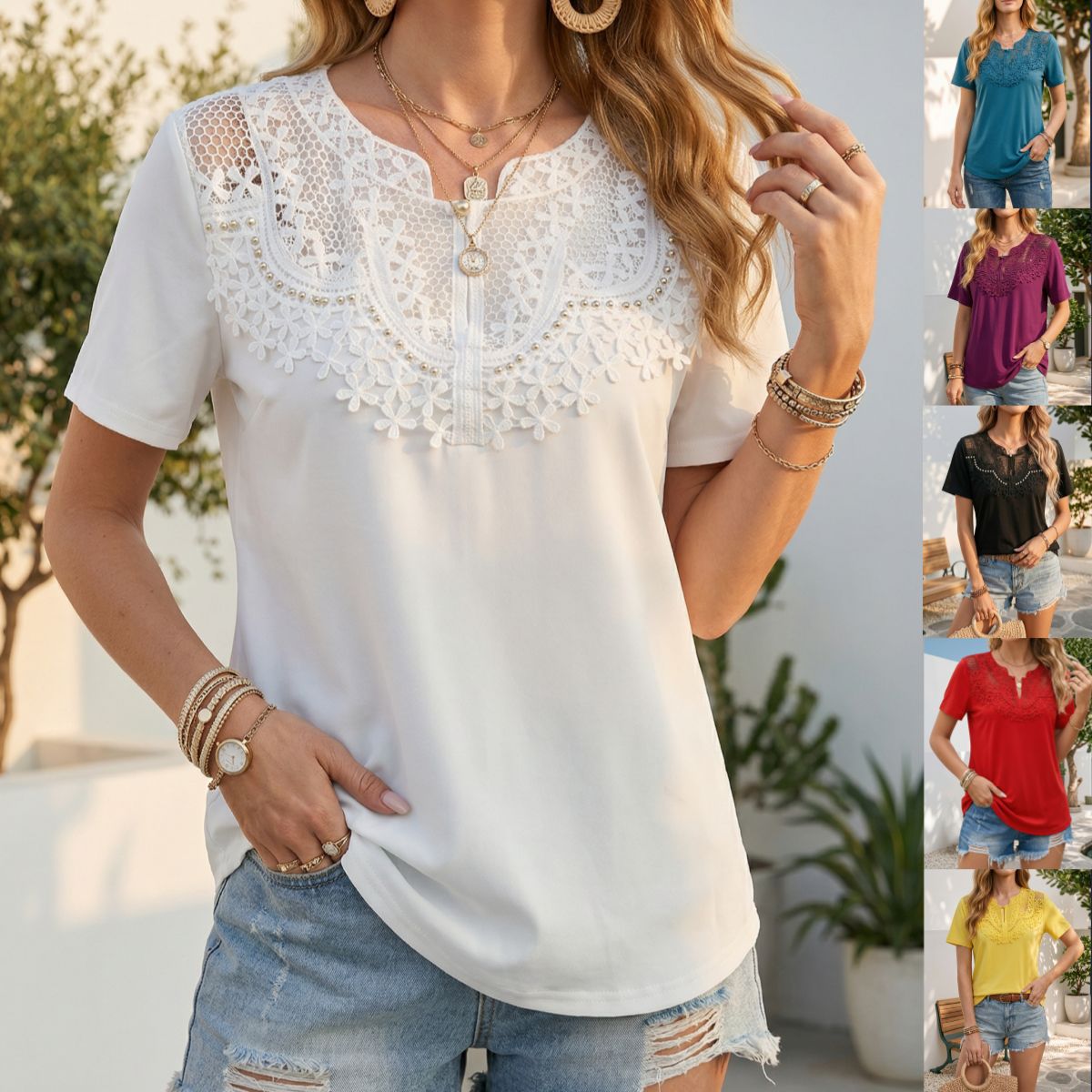 Women's Pearl-Trim Hollow-Out T-Shirt – Loose Fit, Short Sleeve, Casual Chic