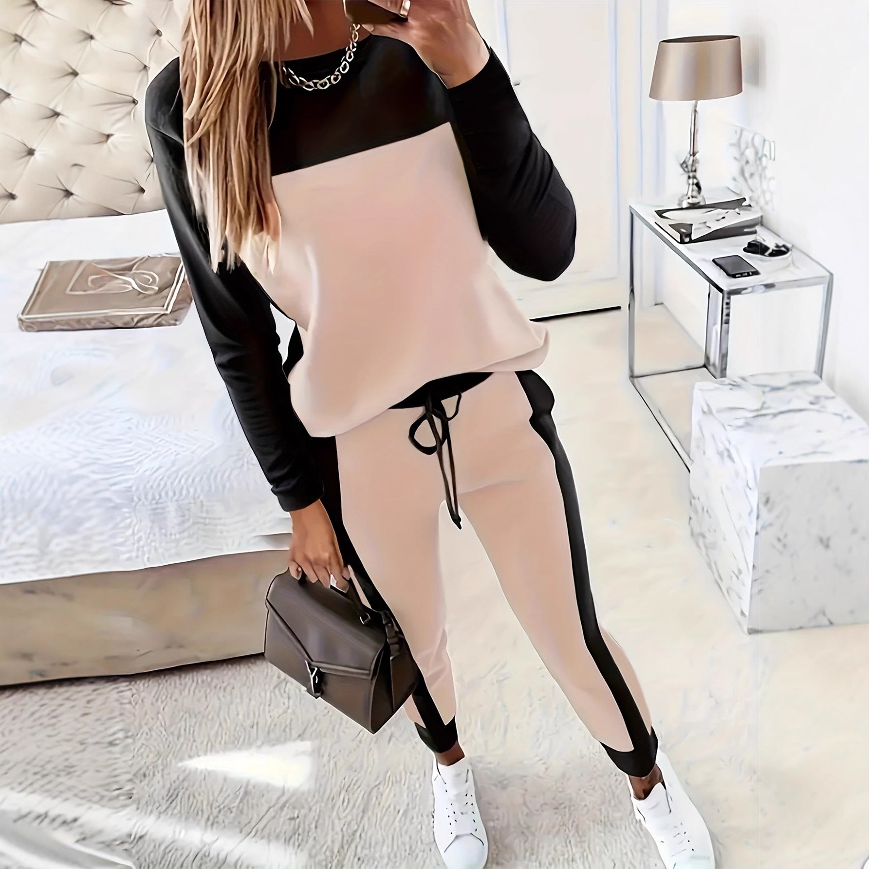 Women's Korean-Style Hoodie & Pants Two-Piece Set – Casual Patchwork
