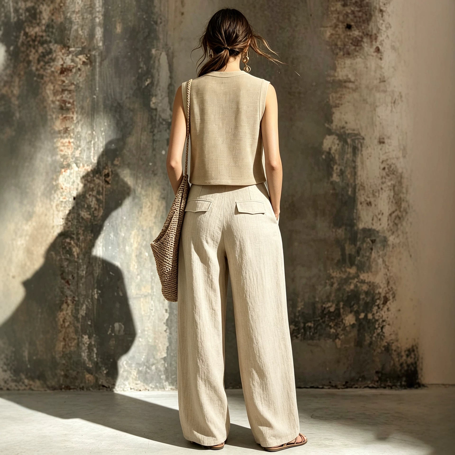 Women's Sleeveless Knit Vest & Wide Leg Pants Two-Piece Set – Casual Linen Khaki