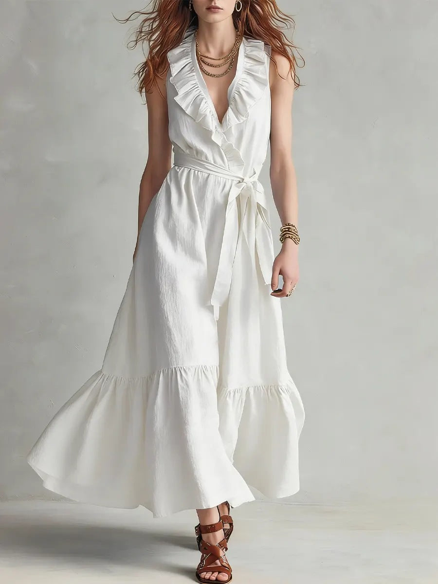Women's V-Neck Sleeveless Lace-Up Panelled Maxi Dress – Wide Flare