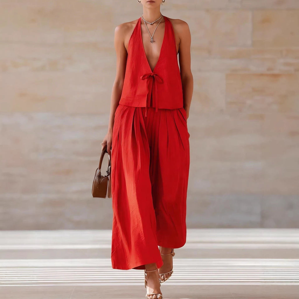 Women's Sleeveless Vest & Wide-Leg Pants Set – 2-Piece Lace-Up Outfit